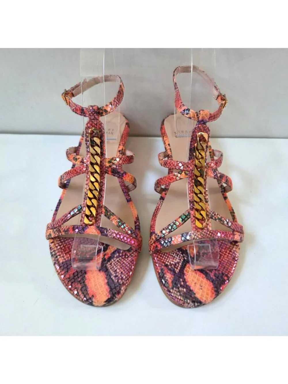Stuart Weitzman Sandals 7 Pink Melon Tiffy Chain Trim Strappy Leather Wedge NEW